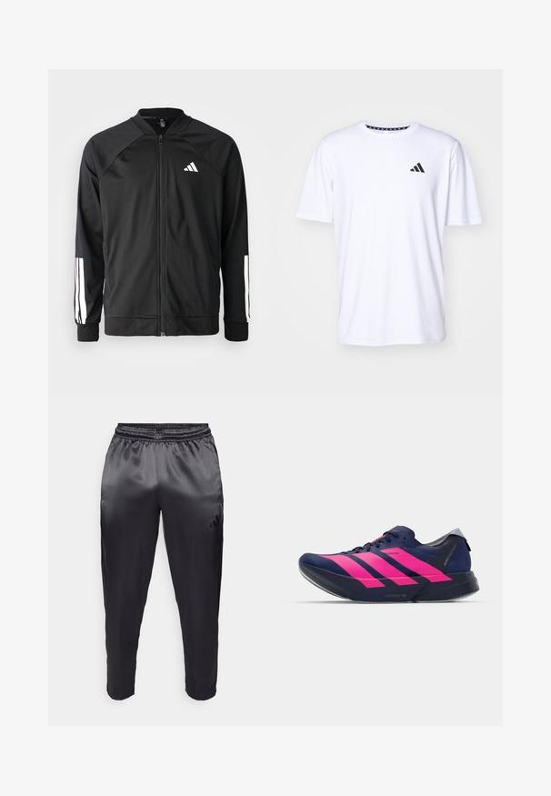 Czarna kurtka sportowa z zamkiem z przodu, raglanowymi rękawami, białym logo Adidas oraz białymi paskami na rękawach. Gładki materiał z elastycznymi mankietami.; Biała koszulka z krótkim rękawem, wykonana z tkaniny o gładkiej fakturze. Posiada czarne logo adidas na lewej piersi oraz wzorzysty kołnierzyk.; Czarne spodnie sportowe wykonane z gładkiego, lekkiego materiału z elastycznym paskiem w talii. Posiadają małe logo po lewej stronie oraz zwężane nogawki.; adidas Performance ADIZERO ADIOS PRO 4 granatowy