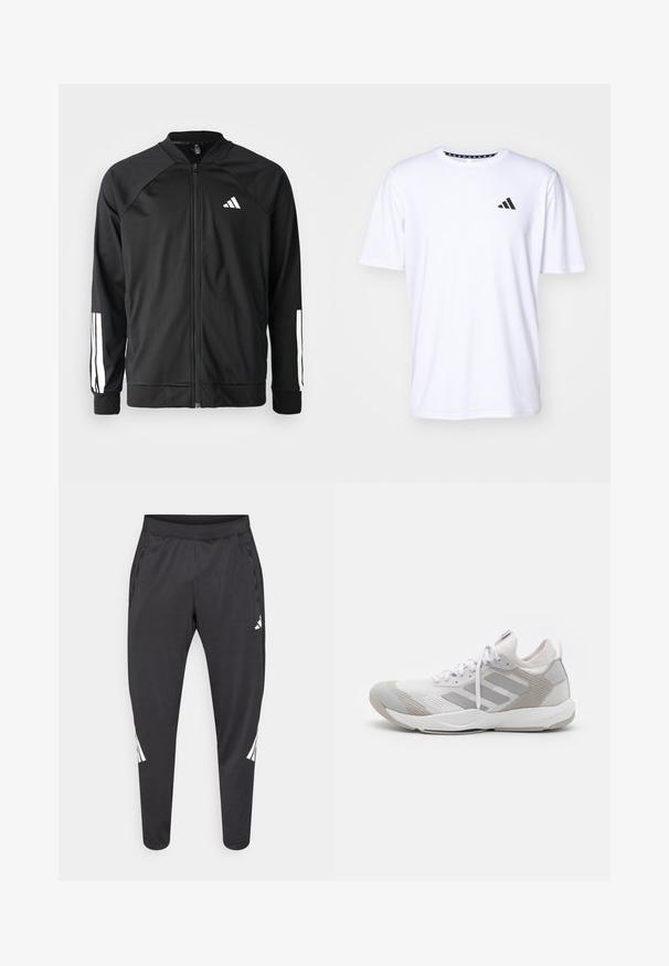 Svart sportjacka med framdraget blixtlås, raglanärmar, vitt Adidas-logotyp och vita ränder på ärmarna. Slät tyg med elastiska mudd.; Vit kortärmad t-shirt gjord av tyg med en slät textur. Har en svart adidas-logotyp på vänster bröst och en mönstrad krage.; Svarta sportbyxor med avsmalnande ben, elastisk midja, sidofickor samt vitt logotyp- och randdetalj. Tillverkade av ett mjukt, lätt material.; adidas Performance RAPIDMOVE ADVANCED TRAINER - Träningsskor - footwear white/grey one