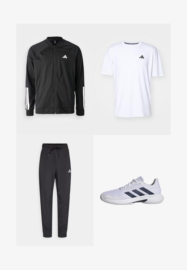Chaqueta deportiva negra con cremallera frontal, mangas raglán, logo de Adidas en blanco y rayas blancas en las mangas. Tejido suave con puños elásticos.; Camiseta blanca de manga corta fabricada con una tela de textura suave. Presenta un logo negro de adidas en el lado izquierdo del pecho y un cuello con un patrón.; Pantalones deportivos negros de material ligero, con cintura elástica, cordón y un pequeño logotipo blanco en el costado.; Zapatilla deportiva blanca con parte superior de malla transpirable, diseño de tres rayas en azul marino, suela texturizada y punta redondeada para mayor estabilidad.