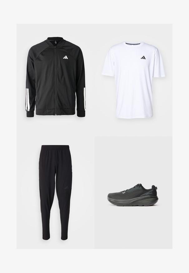 Zwarte sportjack met een rits aan de voorkant, raglanmouwen, wit Adidas-logo en witte strepen op de mouwen. Gladde stof met elastische manchetten.; Witte T-shirt met korte mouwen, gemaakt van stof met een gladde textuur. Heeft een zwart adidas-logo op de linkerborst en een geborduurde kraag.; Zwarte sportbroek met een elastische tailleband, taps toelopend ontwerp, zijzakken en subtiele logodetails. Gemaakt van flexibele, ademende stof.; Zwarte sportieve schoen met een ademend mesh bovenwerk, textuur in de zool en een ondersteunend tussenzoolontwerp. Reflecterende accenten zijn aanwezig.