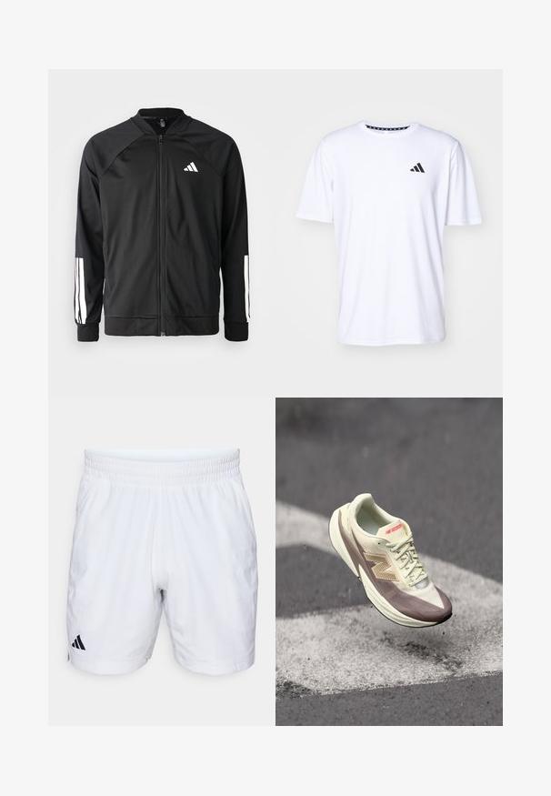 Black athletic jacket with a front zipper, raglan sleeves, white Adidas logo, and white stripes on sleeves. Smooth fabric with elastic cuffs.; White short-sleeve t-shirt made of fabric with a smooth texture. Features a black adidas logo on the left chest and a patterned collar.; White athletic shorts with an elastic waistband, featuring a textured fabric and a black Adidas logo on the lower left side.; Lightweight athletic shoe with a cream upper and brown accents, featuring a textured surface, laces, and a prominent logo on the side.