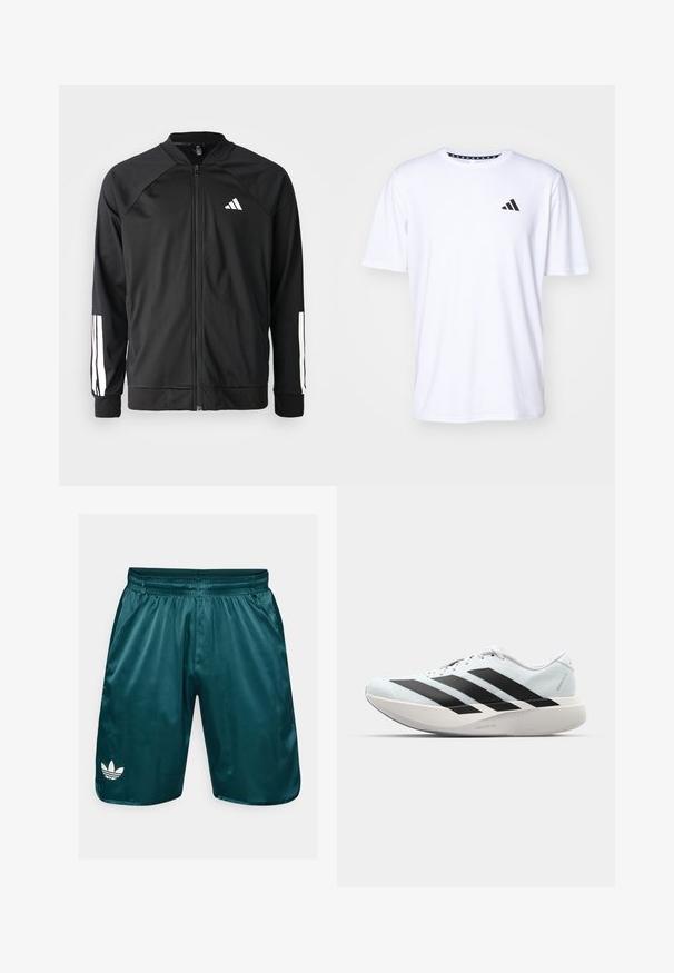 Jachetă sport neagră, cu fermoar frontal, mâneci raglan, logo Adidas alb și dungi albe pe mâneci. Material neted, cu manșete elastice.; Tricou alb cu mânecă scurtă dintr-un material cu o textură netedă. Dispune de un logo negru adidas pe pieptul stâng și un guler cu un model.; Șorturi satin teal cu talie elastică, buzunare laterale și logo-ul Adidas trefoil alb pe piciorul stâng. Textură netedă, design până la genunchi.; Pantofi de alergare ușori în albastru deschis cu dungi negre. Au un superior neted, vârf rotund și o intermediară groasă albă etichetată "LIGHTSTRIKE PRO."
