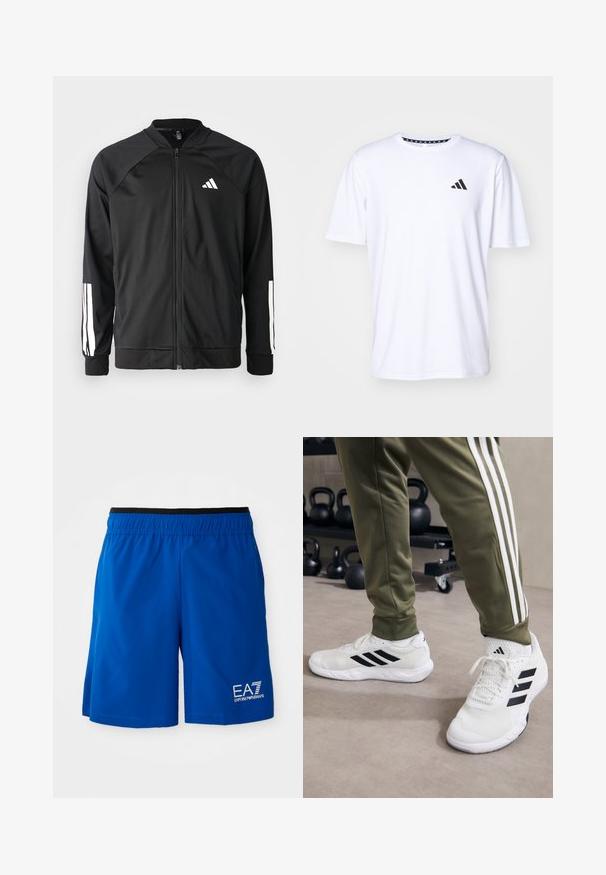 Schwarze Sportjacke mit einem Frontreißverschluss, Raglanärmeln, weißem Adidas-Logo und weißen Streifen an den Ärmeln. Glattes Gewebe mit elastischen Bündchen.; Weißes T-Shirt mit kurzen Ärmeln aus glattem Stoff. Verfügt über ein schwarzes adidas-Logo auf der linken Brust und einen gemusterten Kragen.; Blaue Sportshorts mit elastischem Bund, ausgestattet mit einem weißen Logo auf der linken Seite. Hergestellt aus leichtem Stoff mit glatter Textur.; Weiße Sportschuhe mit schwarzen Streifen, Netztextur und gepolstertem Kragen, kombiniert mit olivgrünen Hosen mit weißen Seitenstreifen.