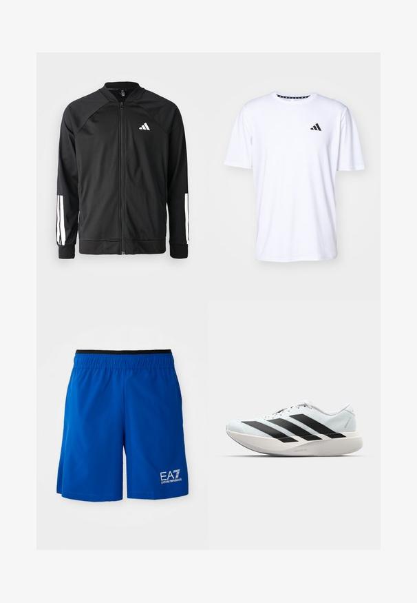 Melna sporta jaka ar priekšējo rāvējslēdzēju, raglanu piedurknēm, baltu Adidas logo un baltām svītrām uz piedurknēm. Gluda auduma sastāvs ar elastīgām aprocēm.; Balta īsām piedurknēm T-kreklu, kas izgatavots no auduma ar gludu tekstūru. Tam ir melns adidas logo kreisajā krūtī un rakstains apkakles dizains.; Zili sporta šorti ar elastīgu jostasvietu, ar baltu logo kreisajā pusē. Izgatavoti no viegla auduma, gluda tekstūra.; Gaiši zili vieglie skriešanas apavi ar melniem svītrainiem. Iezīmēti ar gludu augšpusi, apaļu purngalu un biezāko balto vidējo zoli, kurā ir uzraksts "LIGHTSTRIKE PRO."