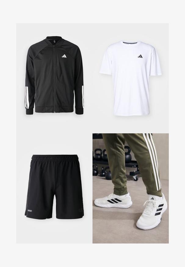 Black athletic jacket with a front zipper, raglan sleeves, white Adidas logo, and white stripes on sleeves. Smooth fabric with elastic cuffs.; White short-sleeve t-shirt made of fabric with a smooth texture. Features a black adidas logo on the left chest and a patterned collar.; Black elastic waist sports shorts with subtle logos "VENTUS7" and "EA7 Emporio Armani" on the front sides against a white background.; White athletic shoes with black stripes, mesh texture, and a padded collar, paired with olive green pants featuring white side stripes.