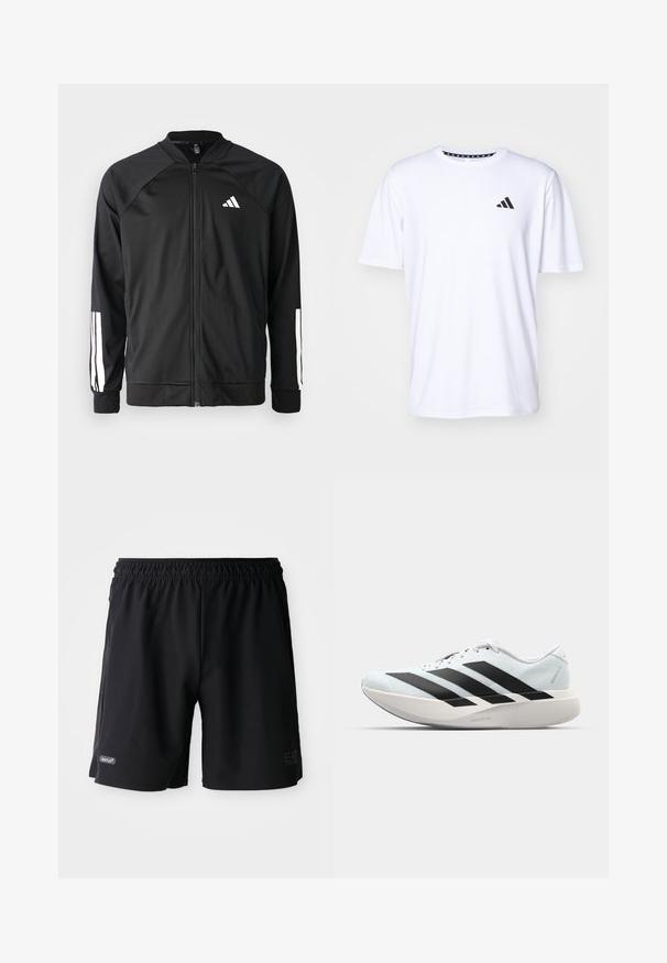 Juodas sportinis džemperis su priekiniais užtrauktukais, raglano stiliaus rankovėmis, balta Adidas logotipu ir baltais juostelėmis ant rankovių. Lygus audinys su elastingomis rankovėmis.; Balta trumpa rankovėmis marškinėliai pagaminti iš lygaus audinio. Ant kairės krūtinės yra juodas adidas logotipas ir raštuota apykaklė.; Juodi sportiniai šortai su elastine juosta, su subtakiais logotipais "VENTUS7" ir "EA7 Emporio Armani" priekinėse pusėse ant baltos fono.; Lengvi bėgimo batai šviesiai mėlynos spalvos su juodomis juostelėmis. Yra lygus viršus, apvalus pirštas ir storas baltas vidpadis su užrašu "LIGHTSTRIKE PRO."