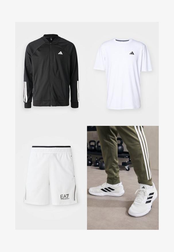 Mustar mustreeritud spordijakk, millel on ees lukuga taskud, raglanvarrukad, valge Adidas logo ja valged triibud varrukatel. Sile kangas elastsete mansettidega.; Valge lühikeste varrukatega T-särk, mis on valmistatud sileda tekstuuriga kangast. Vasakul rinnal on must adidas logo ja mustriline krae.; Valged spordishortsid musta elastse vöökoha, külglibise ja musta "EA7 Emporio Armani" logo vasakul säärel.; Valged treeningjalanõud mustade triipudega, võrgumaterjalist ja polsterdatud kõrge säärega, koos oliivroheliste pükstega, millel on valged külgtriibud.