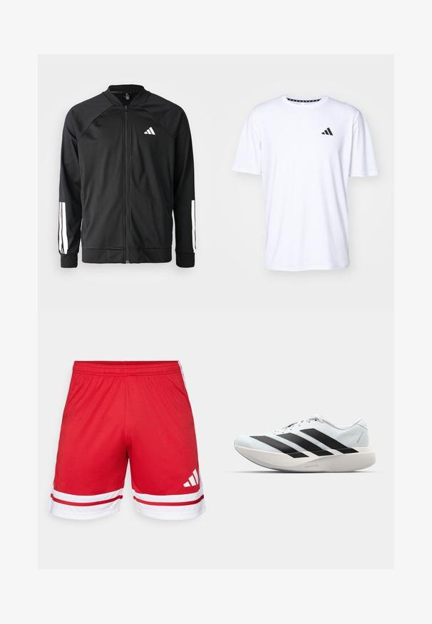 Black athletic jacket with a front zipper, raglan sleeves, white Adidas logo, and white stripes on sleeves. Smooth fabric with elastic cuffs.; White short-sleeve t-shirt made of fabric with a smooth texture. Features a black adidas logo on the left chest and a patterned collar.; Red athletic shorts made of smooth material, featuring a white accent stripe at the hem and three white stripes along the sides.; Lightweight running shoes in pale blue with black stripes. Features a smooth upper, round toe, and thick white midsole labeled "LIGHTSTRIKE PRO."