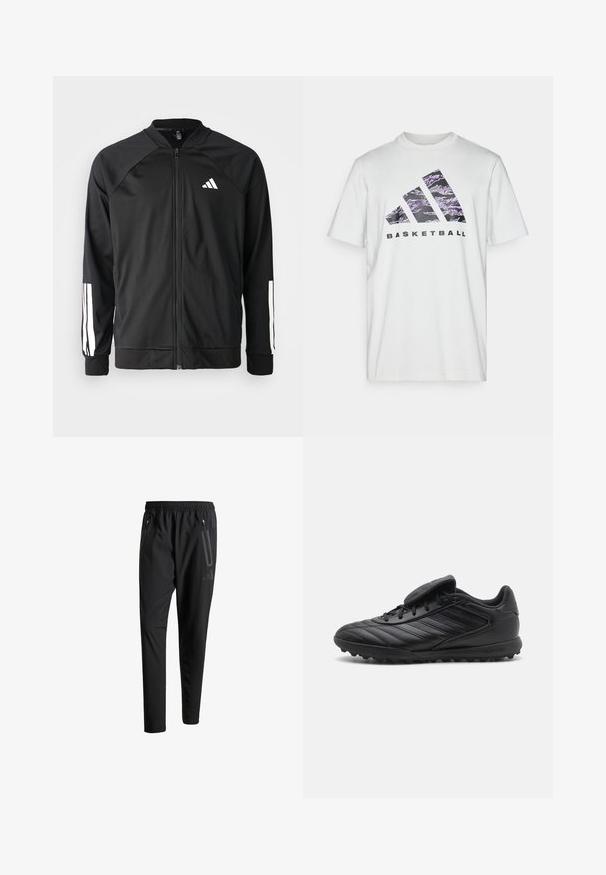 Veste de sport noire avec fermeture éclair à l'avant, manches raglan, logo Adidas blanc et bandes blanches sur les manches. Tissu lisse avec des poignets élastiques.; T-shirt blanc en coton à manches courtes, avec un imprimé graphique violet et noir de trois bandes et le mot "BASKETBALL."; Pantalons de sport noirs avec une taille élastique, deux poches latérales zippées, des jambes fuselées et un détail de logo subtil sur la hanche.; Chaussures de foot synthétiques noires avec une tige texturée, dotées d'un système de laçage, d'une languette rembourrée et d'une semelle extérieure à crampons en caoutchouc pour une meilleure traction.