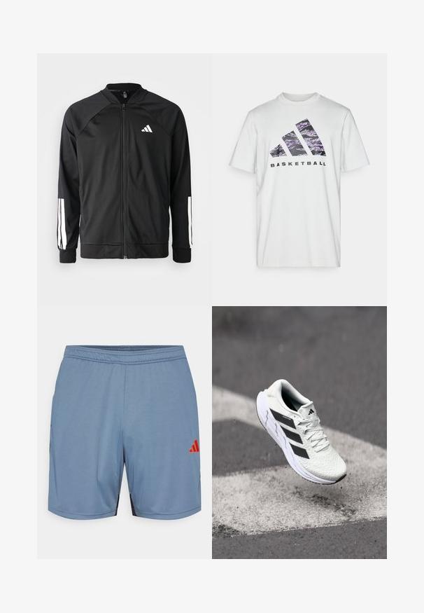 Giacca atletica nera con zip frontale, maniche raglan, logo Adidas bianco e strisce bianche sulle maniche. Tessuto liscio con polsini elasticizzati.; T-shirt bianca in cotone a maniche corte, con una stampa grafica viola e nera che raffigura tre strisce e la parola "BASKETBALL."; Pantaloni corti sportivi azzurro chiaro con dettagli neri sui lati, cintura elastica e logo Adidas arancione. Realizzati in un tessuto leggero e liscio.; Scarpa sportiva bianca con tomaia in rete testurizzata, strisce nere, chiusura con lacci e suola ammortizzata, che levita sopra una superficie stradale segnata.