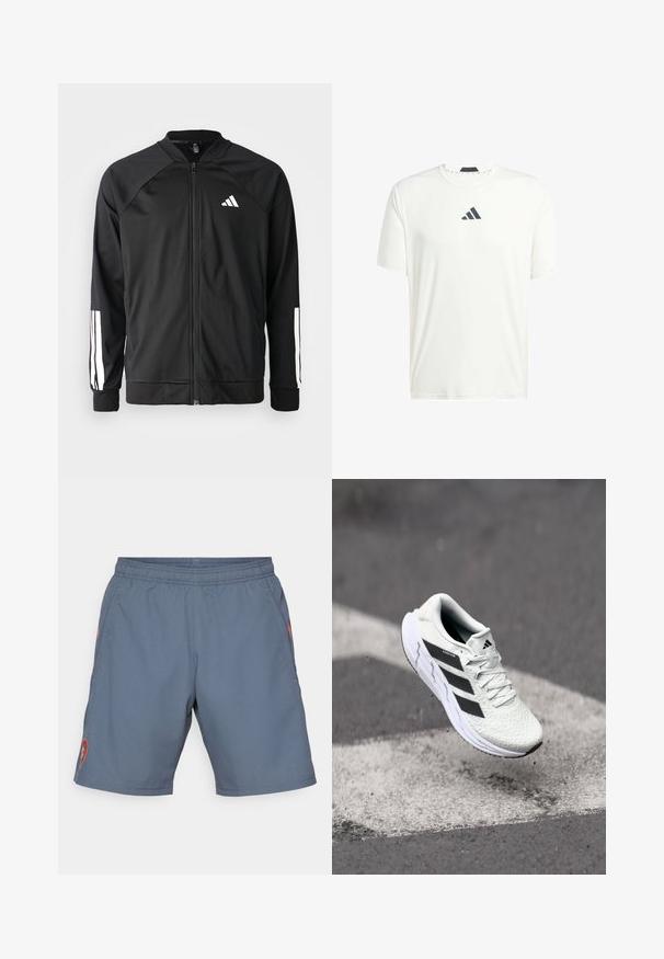 Zwarte sportjack met een rits aan de voorkant, raglanmouwen, wit Adidas-logo en witte strepen op de mouwen. Gladde stof met elastische manchetten.; Witte t-shirt met korte mouwen, gemaakt van lichtgewicht stof, met een ronde hals en een donkergrijs logo op de borst. Glad textuur, casual pasvorm.; Grijze sportshorts met een elastische tailleband, zijzakken en een rode logo-detail op het linkerpootje. Lichtgewicht, gladde stof met een subtiele glans.; Witte sportschoen met een textuur van mesh, zwarte strepen, vetersluiting en een gevoerde zool, zwevend boven een gemarkeerd wegoppervlak.