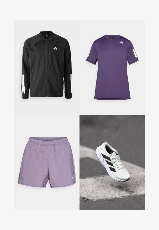 Schwarze Sportjacke mit einem Frontreißverschluss, Raglanärmeln, weißem Adidas-Logo und weißen Streifen an den Ärmeln. Glattes Gewebe mit elastischen Bündchen.; Lila Sport-T-Shirt mit kurzen Ärmeln aus glattem Stoff, mit weißen Akzenten an Ärmeln und Brust, runder Halslinie und lockerer Passform.; Lila Sportshorts mit elastischem Bund, glatter Textur, Seitentaschen und einem kleinen Logo-Detail.; Weiße Sportschuh mit strukturiertem Mesh-Obermaterial, schwarzen Streifen, Schnürverschluss und gepolstertem Sohlen, schwebt über einer markierten Straßenoberfläche.