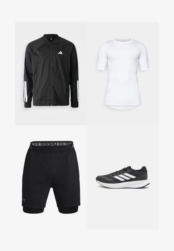 Casaco atlético preto com fecho na frente, mangas raglan, logotipo Adidas branco e riscas brancas nas mangas. Tecido suave com punhos elásticos.; Camisa de desempenho de manga curta branca, feita de material elástico. Apresenta um decote redondo e costuras planas para maior conforto e um design justado.; Calções atléticos pretos com uma camada interna ajustada, cintura elástica com o nome da marca e tecido liso e leve.; Shoe de atletismo preto com parte superior em malha respirável, detalhes brancos e sola almofadada. Apresenta o logotipo das três riscas na lateral.