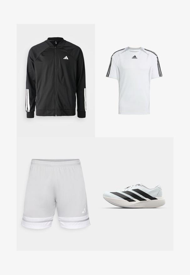 Veste de sport noire avec fermeture éclair à l'avant, manches raglan, logo Adidas blanc et bandes blanches sur les manches. Tissu lisse avec des poignets élastiques.; T-shirt athlétique blanc à manches courtes avec des accents noirs en trois bandes Adidas sur les épaules, fabriqué en tissu lisse et léger.; Shorts de sport gris clair avec une taille élastique, présentant des accents rayés blancs et gris au bas et un logo Adidas.; Baskets de course légères en bleu pâle avec des rayures noires. Elles présentent un dessus lisse, un embout rond et une semelle intermédiaire blanche épaisse étiquetée "LIGHTSTRIKE PRO".