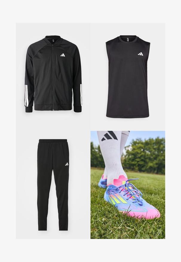 Black athletic jacket with a front zipper, raglan sleeves, white Adidas logo, and white stripes on sleeves. Smooth fabric with elastic cuffs.; Black sleeveless athletic top made of breathable fabric, featuring a round neckline and a white logo on the upper left side.; Black athletic pants with an elastic waistband, tapered design, and a white Adidas logo on the left thigh. Smooth, lightweight fabric.; Adidas soccer cleats in blue, pink, and neon yellow; textured synthetic upper, curved design, flat laces, and conical studs for traction.