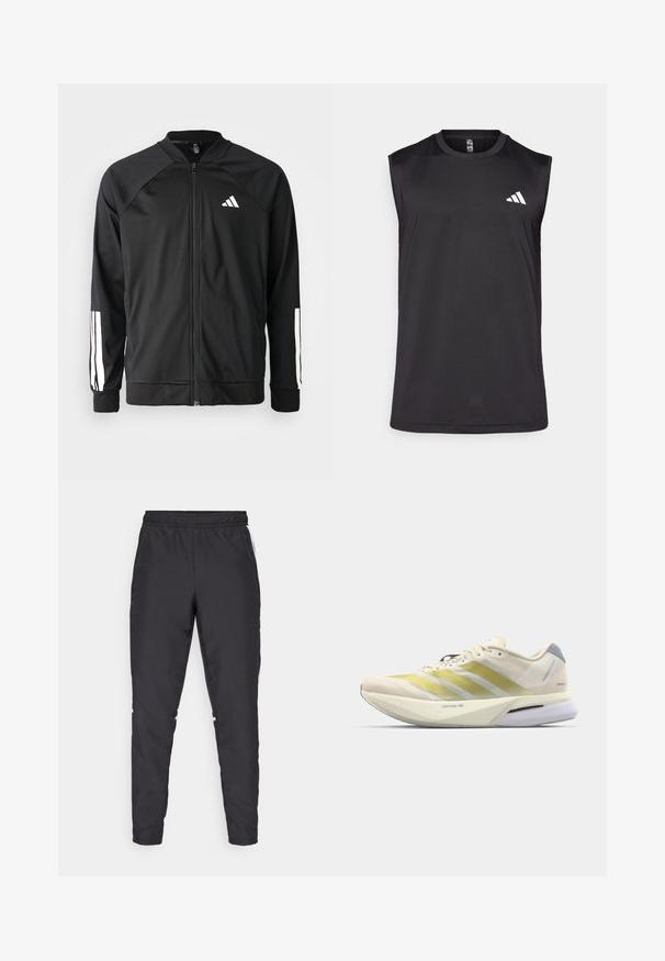 Black athletic jacket with a front zipper, raglan sleeves, white Adidas logo, and white stripes on sleeves. Smooth fabric with elastic cuffs.; Black sleeveless athletic top made of breathable fabric, featuring a round neckline and a white logo on the upper left side.; Black athletic pants with an elastic waistband, tapered legs, and white side accents. Made of synthetic material with a smooth texture.; Running shoe with a lightweight, cream mesh upper featuring yellow stripes, a cushioned white midsole, and a gray heel accent.