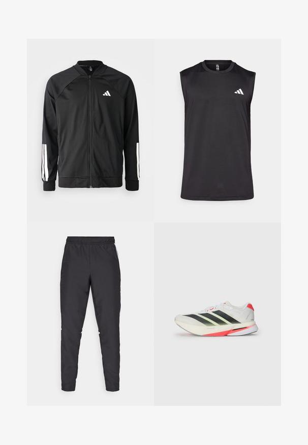 Sort atletisk jakke med lynlås foran, raglanærmer, hvidt Adidas-logo og hvide striber på ærmerne. Glat stof med elastiske manchetter.; Sort ærmeløs træningstop lavet af åndbart stof, med en rund halsudskæring og et hvidt logo på øverste venstre side.; Sorte atletiske bukser med elastisk talje, snævre ben og hvide sidelæggi. Fremstillet af syntetisk materiale med en glat overflade.; Hvide athletic sko med sorte og neongrønne striber, strukturdesign på overdelen, røde accenter på hælen og en let ydersål.