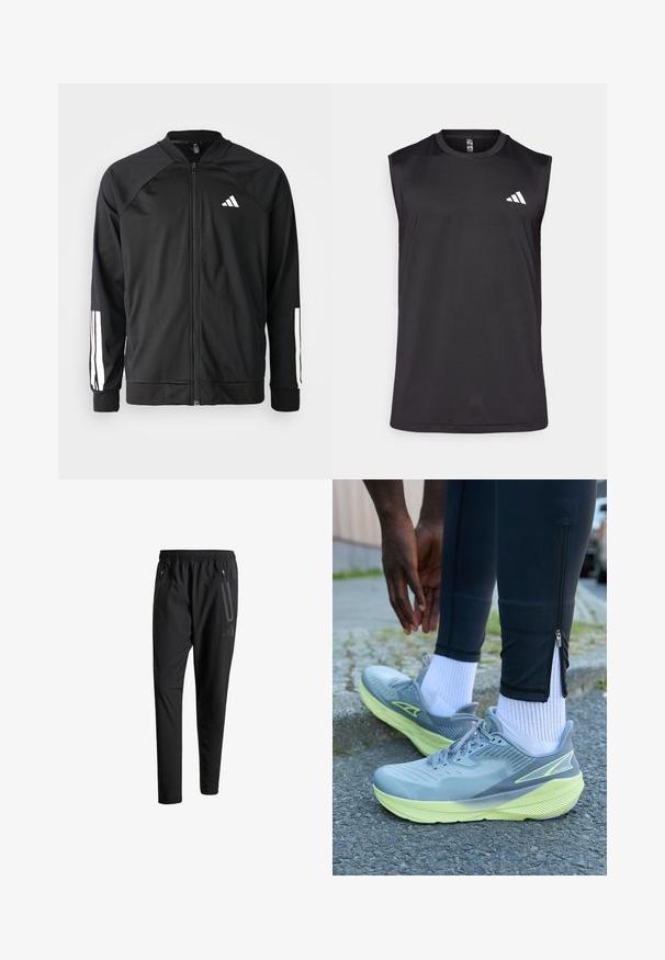 Veste de sport noire avec fermeture éclair à l'avant, manches raglan, logo Adidas blanc et bandes blanches sur les manches. Tissu lisse avec des poignets élastiques.; Top de sport sans manches noir en tissu respirant, avec un col rond et un logo blanc sur le côté supérieur gauche.; Pantalons de sport noirs avec une taille élastique, deux poches latérales zippées, des jambes fuselées et un détail de logo subtil sur la hanche.; Altra EXPERIENCE FLOW - Chaussures de running sur route - gray/green