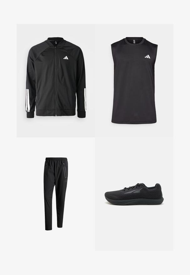 Crna sportska jakna s prednjim zatvaračem, raglan rukavima, bijelim Adidas logom i bijelim prugama na rukavima. Glatka tkanina s elastičnim manžetama.; Crni bezrukavi sportski top od prozračnog materijala, s okruglim izrezom i bijelim logotipom na gornjoj lijevoj strani.; Crne atletske hlače s elastičnim pojasom, dva bočna džepa sa zatvaračem, suženi nogavici i diskretnim logotipom na kuku.; Crne atletske cipele s gornjim dijelom od mrežaste tkanine, gumeni potplat, zaobljeni vrh i elegantan dizajn. Sadrže vezice i suptilan logotip na strani.
