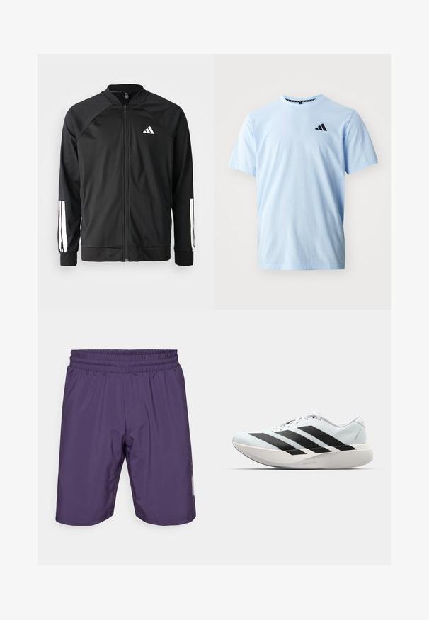 Črna atletska jakna z zadrgo spredaj, raglan rokavi, belo Adidas logo in bele črte na rokavih. Gladek material z elastičnimi manšetami.; Svetlo modra bombažna majica s kratkimi rokavi, okroglo ovratnikom in črnim logotipom na prsih. Gladka tekstura in sproščen kroj.; Vijolične športne kratke hlače z elastičnim pasom, gladko teksturo in stranskimi dodatki. Imajo dolžino do sredine stegna in preprost dizajn.; Lahki tekaški čevlji v svetlo modri barvi z belimi črtami. Imajo gladek zgornji del, okroglo kapico in debel bel srednji podplat z označbo "LIGHTSTRIKE PRO."