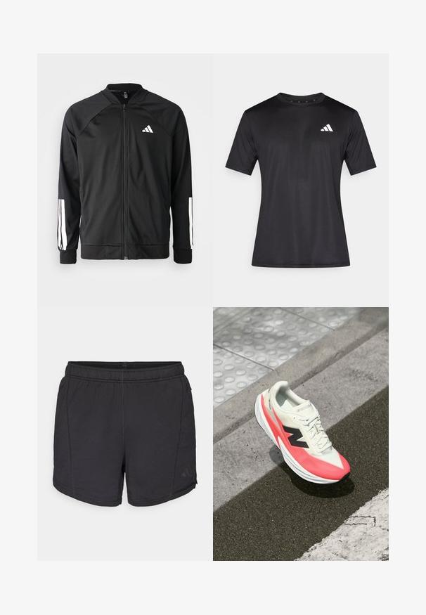 Jachetă sport neagră, cu fermoar frontal, mâneci raglan, logo Adidas alb și dungi albe pe mâneci. Material neted, cu manșete elastice.; Tricou sport negru din material mesh ușor, cu mâneci scurte și un logo alb în partea stângă a pieptului.; Shorts atletici negri cu talie elastică și logo Adidas subtil pe piciorul stâng, prezentate pe un fundal alb simplu.; Adida de alergare ușoară cu un superior crem, accente roz și un logo negru. Dispune de o formă aerodinamică și o talpă texturată pentru aderență.