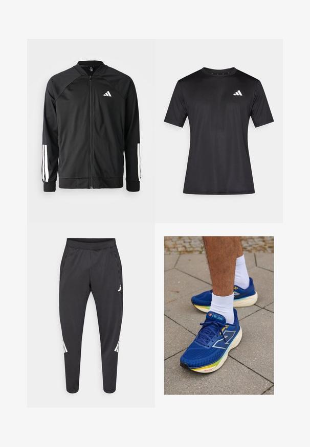 Svart treningsjakke med frontglidelås, raglanermer, hvit Adidas-logo og hvite striper på ermene. Glatt stoff med elastiske mansjetter.; Svart atletisk t-skjorte laget av lett nettstoff, med korte ermer og en hvit logo på venstre bryst.; Svarte treningsbukser med smalere ben, elastisk midjebånd, sidelommer og hvite logo- og stripedetaljer. Laget av et mykt, lett materiale.; Blå joggesko med mesh-overdel, har reflekterende detaljer, hvite lisser og en polstret såle i flere farger. Brukt med hvite sokker.
