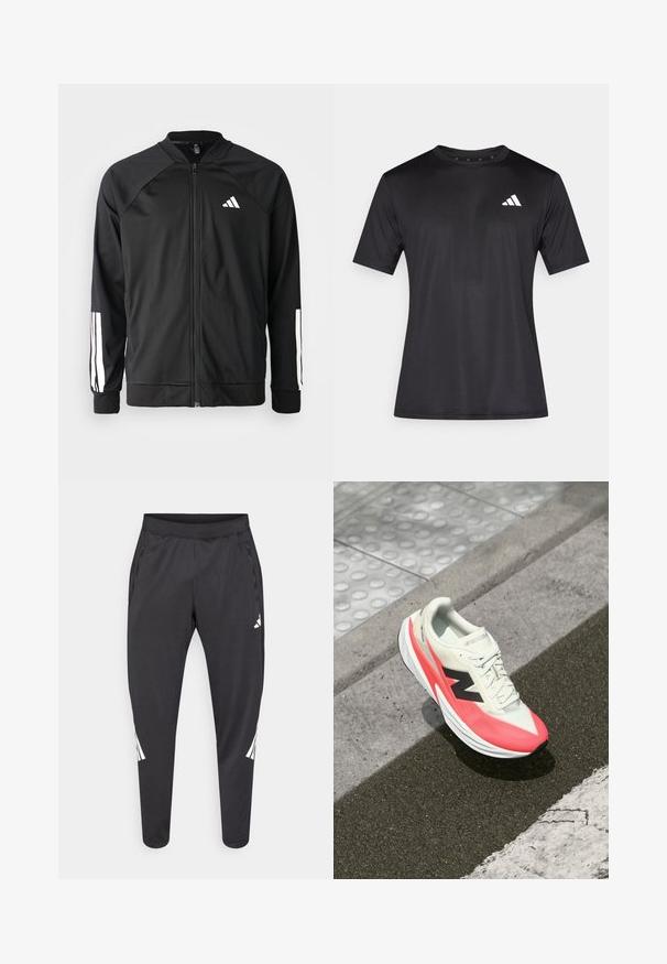 Casaco atlético preto com fecho na frente, mangas raglan, logotipo Adidas branco e riscas brancas nas mangas. Tecido suave com punhos elásticos.; T-shirt atlético preto feito de tecido de malha leve, com mangas curtas e um logótipo branco na área do peito esquerdo.; Calças atléticas pretas com pernas afiladas, cintura elástica, bolsos laterais e detalhes em logo e riscas brancas. Confeccionadas em material liso e leve.; Sapato de corrida leve com um upper em creme, detalhes em rosa e um logótipo preto. Apresenta uma forma aerodinâmica e sola texturizada para tração.