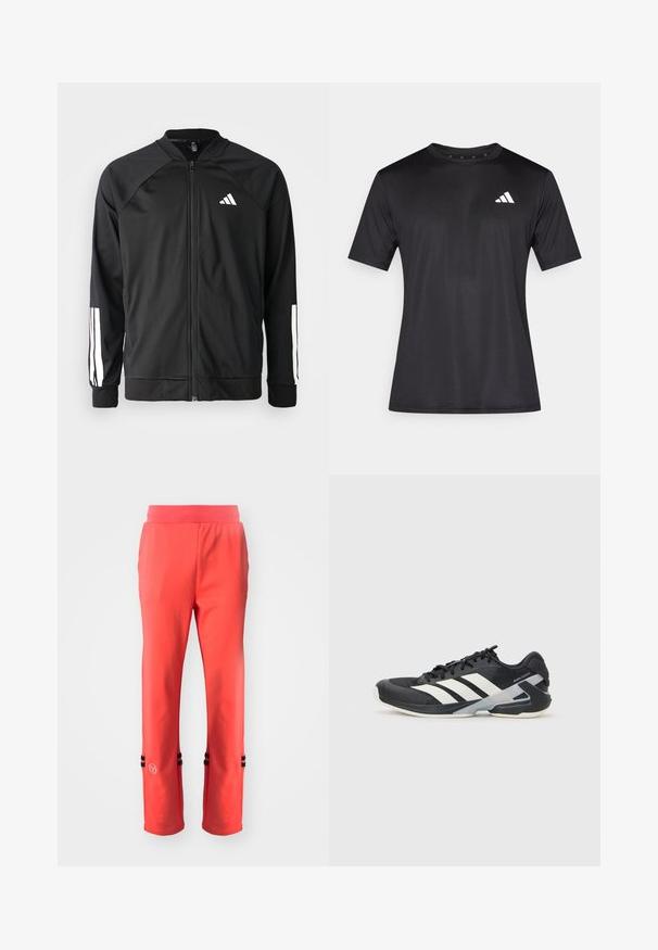 Črna atletska jakna z zadrgo spredaj, raglan rokavi, belo Adidas logo in bele črte na rokavih. Gladek material z elastičnimi manšetami.; Črna športna majica iz lahkega mrežastega materiala, z kratkimi rokavi in belim logotipom na levi strani prsnega koša.; Koralne športne hlače z širokim pasom, ki imajo črne črtaste akcentne obrobe na robu in majhen logotip na levi strani. Gladka tekstura.; Črne atletske čevlje z belimi črtami, mrežastim zgornjim delom, zaobljenim nosom in blaženim podplatom. Imajo teksturiran petni del in varen sistem vezalk.