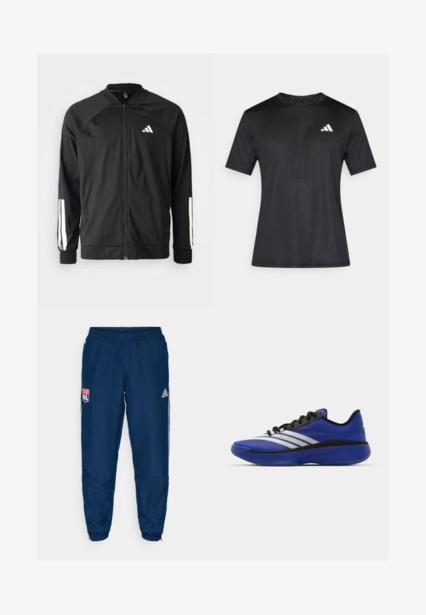 Juodas sportinis džemperis su priekiniais užtrauktukais, raglano stiliaus rankovėmis, balta Adidas logotipu ir baltais juostelėmis ant rankovių. Lygus audinys su elastingomis rankovėmis.; Juoda sportinė marškinėliai iš lengvos tinklinės medžiagos, trumpomis rankovėmis ir baltu logotipu kairėje krūtinės pusėje.; Mėlyni sportiniai kelnes su elastinga juosta, papuoštos baltomis šoninėmis juostelėmis ir Olympique Lyonnais logotipu kairėje šlaunyje.; adidas Performance ADIZERO SELECT 3.0 - Krepšinio batai - lucid blue/core black/metallic