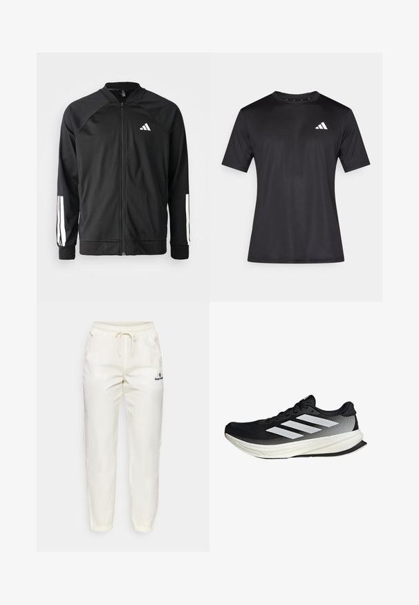 Crna sportska jakna s prednjim zatvaračem, raglan rukavima, bijelim Adidas logom i bijelim prugama na rukavima. Glatka tkanina s elastičnim manžetama.; Crna sportska majica od laganog mrežastog materijala, s kratkim rukavima i bijelim logotipom na lijevoj strani prsa.; Hlače od lagane tkanine krem boje s elastičnim pojasom i vezicom. Imaju sužene nogavice i mali crni logo.; Crna atletska cipela s mrežastim dizajnom, koja ima bijele pruge, zaobljeni vrh i teksturiranu potplate za prianjanje i potporu.