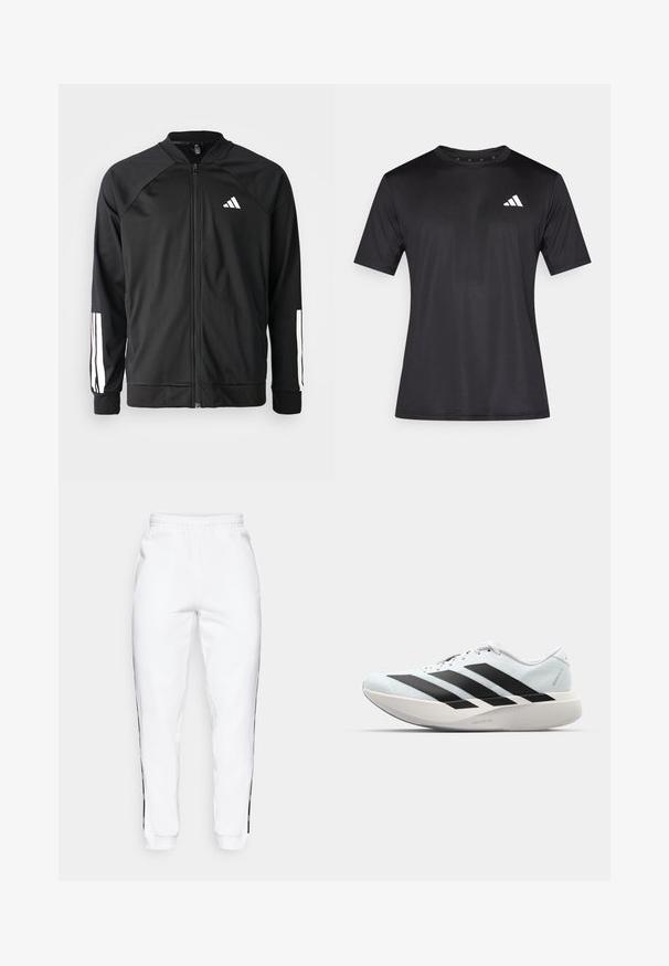 Casaco atlético preto com fecho na frente, mangas raglan, logotipo Adidas branco e riscas brancas nas mangas. Tecido suave com punhos elásticos.; T-shirt atlético preto feito de tecido de malha leve, com mangas curtas e um logótipo branco na área do peito esquerdo.; Calças de treino brancas com cintura elástica, apresentando riscas pretas nas laterais e punhos. Feitas de um tecido suave com uma textura lisa.; Tênis de corrida leves em azul pálido com riscas pretas. Apresentam um cabedal liso, bico redondo e uma entressola espessa branca rotulada como "LIGHTSTRIKE PRO."
