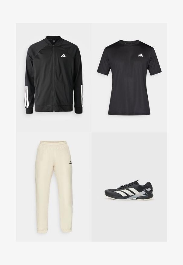Fekete sportdzseki elől cipzárral, raglán ujjaival, fehér Adidas logóval és fehér csíkokkal az ujjakon. Simakészletű anyag rugalmas mandzsettákkal.; Fekete sportos póló könnyű hálós anyagból, rövid ujjú, bal mellrészen fehér logóval.; Beige színű, elasztikus derékú sportnadrág sima textúrával. Ráncolt mandzsettával és egy kis fekete logóval rendelkezik a bal oldalon.; Fekete sportcipő fehér csíkokkal, hálós felsőrész, kerek orr és párnázott talp. Texturált sarokkal és biztonságos fűzőrendszerrel rendelkezik.