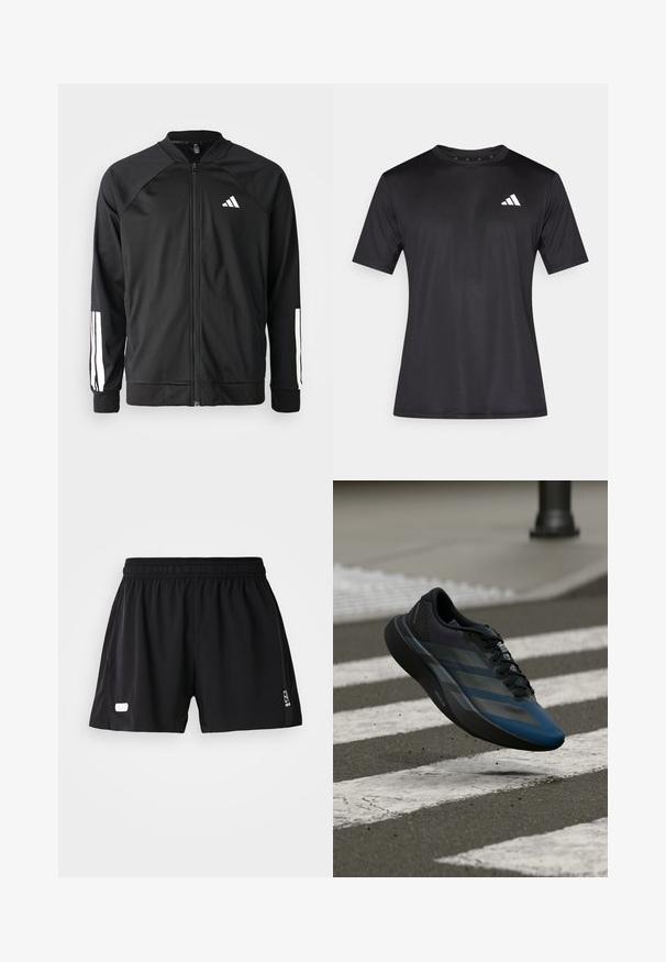 Musta urheilujakku, jossa on vetoketju edessä, raglan-hihat, valkoinen Adidas-logo ja valkoiset raidat hihoissa. Sujuva kangas ja joustavat hihansuut.; Musta urheilullinen t-paita, joka on valmistettu kevyestä verkkokankaasta, ja siinä on lyhyet hihat sekä valkoinen logo vasemmassa rintakehän kohdassa.; Mustat urheilushortsit, joissa on joustava vyötärö. Sileä pinta, sivuaukot liikkuvuutta varten ja valkoinen logo vasemmassa alakulmassa.; Musta ja sininen urheilukenkä virtaviivaisella muotoilulla, jossa on teksturoitu päällinen, kontrastiväriset raidat ja pehmustettu pohja, leijumassa päällysteen yläpuolella.