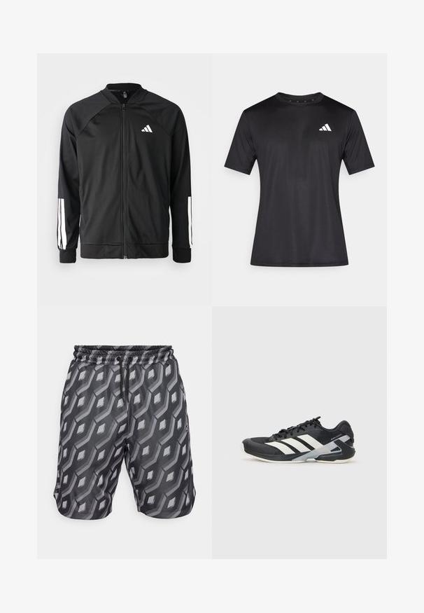 Veste de sport noire avec fermeture éclair à l'avant, manches raglan, logo Adidas blanc et bandes blanches sur les manches. Tissu lisse avec des poignets élastiques.; T-shirt de sport noir en tissu mesh léger, avec manches courtes et logo blanc sur la poitrine gauche.; Shorts noirs avec un motif géométrique gris, taille élastique avec cordon de serrage et poches latérales visibles. Fabriqués à partir d'un tissu léger.; Chaussure de sport noire avec des rayures blanches, tige en mesh, bout arrondi et semelle rembourrée. Comprend un talon texturé et un système de laçage sécurisé.