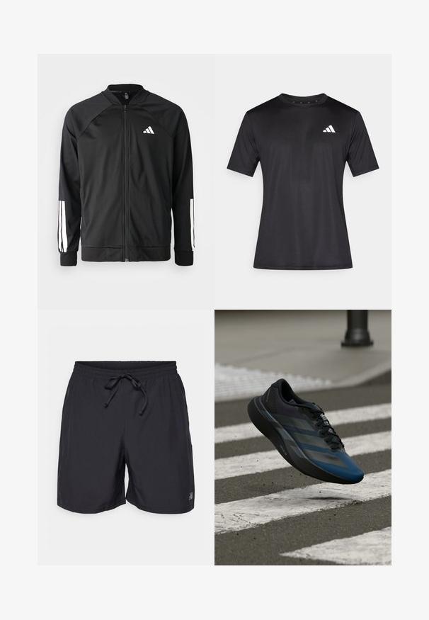 Chaqueta deportiva negra con cremallera frontal, mangas raglán, logo de Adidas en blanco y rayas blancas en las mangas. Tejido suave con puños elásticos.; Camiseta deportiva negra hecha de tela de malla ligera, con mangas cortas y un logo blanco en la parte izquierda del pecho.; Pantalones cortos negros con cintura elástica y cordón ajustable, y pequeño logo reflectante en la pierna izquierda.; Zapato deportivo negro y azul con un diseño aerodinámico, que presenta una parte superior texturizada, franjas contrastantes y una suela acolchada, flotando sobre el pavimento.