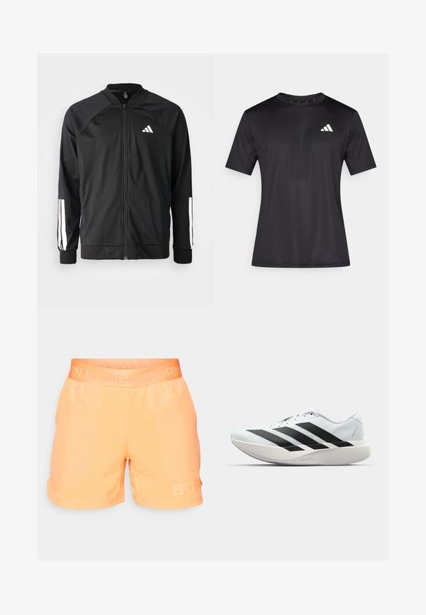 Svart treningsjakke med frontglidelås, raglanermer, hvit Adidas-logo og hvite striper på ermene. Glatt stoff med elastiske mansjetter.; Svart atletisk t-skjorte laget av lett nettstoff, med korte ermer og en hvit logo på venstre bryst.; Oransje idrettsshorts med en teksturert livlinning. Har en subtil reflekterende "BORG"-logo på venstre ben. Glatt stoff, avslappet passform.; Lette løpesko i lys blå med svarte striper. Har en myk overdel, rund tå og tykk hvit mellomsole merket "LIGHTSTRIKE PRO."