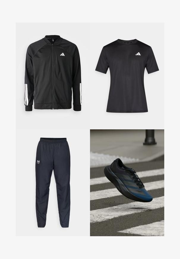 Fekete sportdzseki elől cipzárral, raglán ujjaival, fehér Adidas logóval és fehér csíkokkal az ujjakon. Simakészletű anyag rugalmas mandzsettákkal.; Fekete sportos póló könnyű hálós anyagból, rövid ujjú, bal mellrészen fehér logóval.; Fekete sportnadrág, elasztikus derékkal, szűkülő lábszárral és fehér logóval az oldalon. Könnyű, tartós anyagból készült.; Fekete és kék sportcipő áramvonalas kialakítással, texturált felsőrésszel, kontrasztos csíkokkal és párnázott talppal, járda fölött lebegve.
