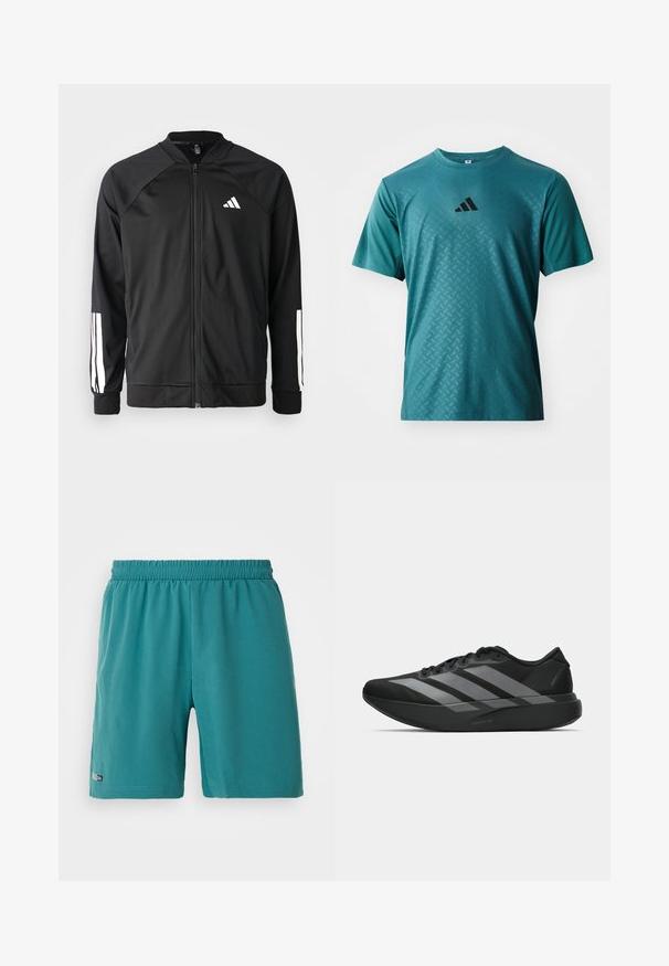 Veste de sport noire avec fermeture éclair à l'avant, manches raglan, logo Adidas blanc et bandes blanches sur les manches. Tissu lisse avec des poignets élastiques.; adidas Performance POWER TEE - T-shirt de sport - preloved teal; Shorts de sport en teinte bleu sarcelle avec une taille élastique, portant une petite étiquette "Climacool" près de l'ourlet sur la jambe gauche, présentés sur fond blanc.; Chaussures de sport noires au design léger, présentant trois rayures grises marquées, une texture lisse et une semelle profilée.