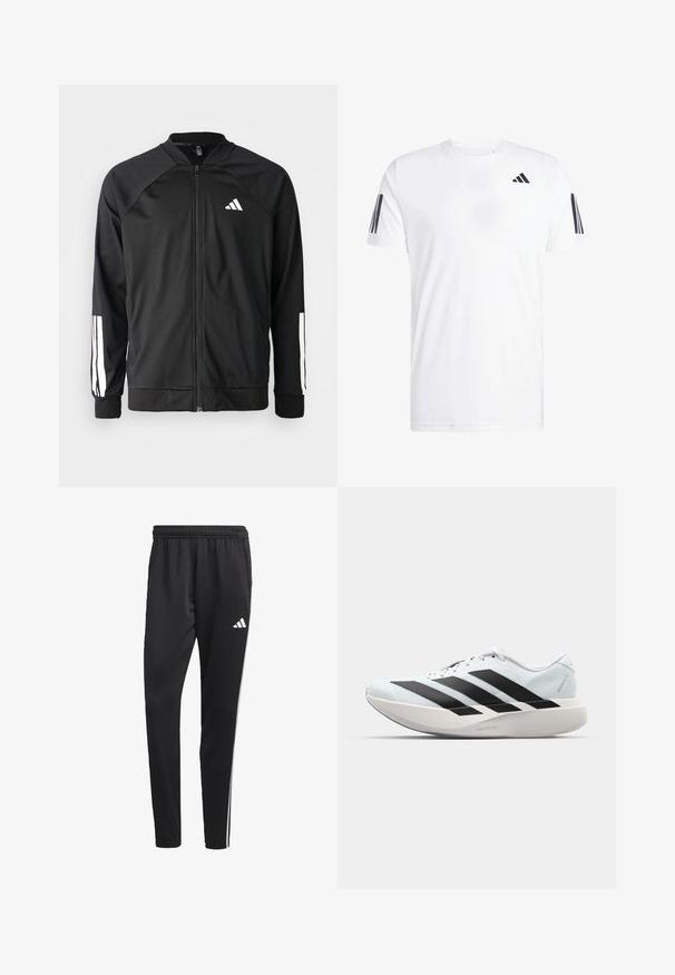 Juodas sportinis džemperis su priekiniais užtrauktukais, raglano stiliaus rankovėmis, balta Adidas logotipu ir baltais juostelėmis ant rankovių. Lygus audinys su elastingomis rankovėmis.; Balta marškinėliai iš audinio, su trumpomis rankovėmis ir apvaliu kaklu, su trimis juodais įstrižais dryžiais ant kiekvienos rankovės. Subtilus logotipas krūtinės srityje.; Juodos sportinės kelnes su tampriu juosmeniu, baltomis šoninėmis juostelėmis ir mažu baltu logotipu ant šlaunies. Pagamintos iš sklandžios, lengvos medžiagos.; Lengvi bėgimo batai šviesiai mėlynos spalvos su juodomis juostelėmis. Yra lygus viršus, apvalus pirštas ir storas baltas vidpadis su užrašu "LIGHTSTRIKE PRO."