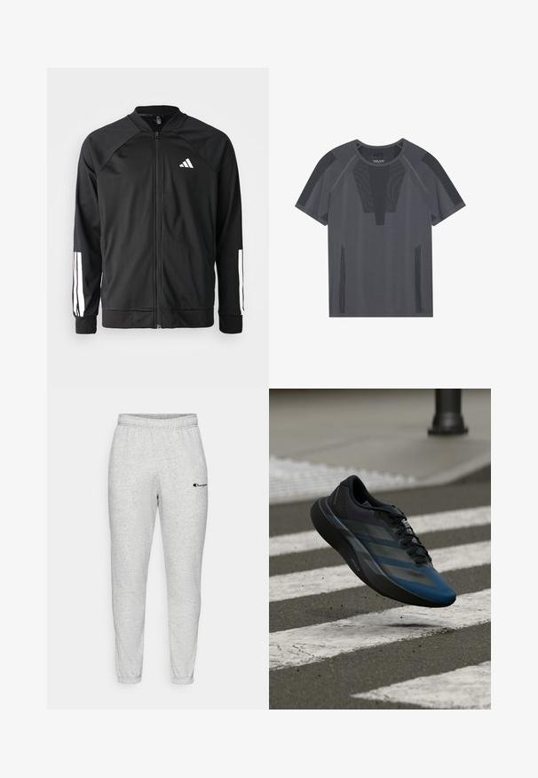 Μαύρο αθλητικό μπουφάν με μπροστινό φερμουάρ, ραγλανικά μανίκια, λευκό λογότυπο Adidas και λευκές ρίγες στα μανίκια. Λείο ύφασμα με ελαστικά μανίκια.; Γκρι αθλητικό μπλουζάκι με κοντά μανίκια, που διαθέτει υφασμάτινες τρισδιάστατες πλέγματα και κυκλικό λαιμό, σχεδιασμένο για αναπνευσιμότητα και άνεση.; Γκρι φόρμες με ελαστική μέση, στενά πόδια και μικρό κεντημένο λογότυπο. Φτιαγμένες από μαλακό, υφασμάτινο υλικό.; Μαύρο και μπλε αθλητικό παπούτσι με κομψό σχέδιο, με υφασμένη επάνω επιφάνεια, αντίθετες ρίγες και μαλακή σόλα, αιωρούμενο πάνω από το πεζοδρόμιο.
