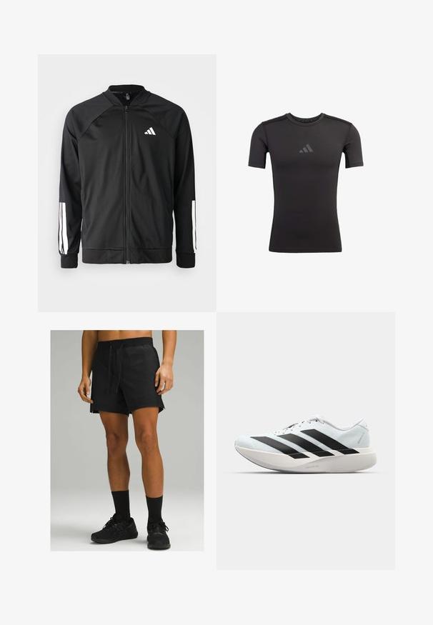 Černá sportovní bunda s předním zipem, raglánovými rukávy, bílým logem Adidas a bílými pruhy na rukávech. Hladká tkanina s elastickými manžetami.; Černé sportovní tričko vyrobené z elastické látky. Má krátké rukávy a kulatý výstřih. Na hrudi je tištěné nenápadné logo.; Černé sportovní šortky s elastickým pasem a šňůrkou, s bočními rozparky a hladkým povrchem, doplněné černými ponožkami a botami.; Lehké běžecké boty v světle modré barvě s černými pruhy. Mají hladký svršek, kulatou špičku a silnou bílou mezipodešev označenou "LIGHTSTRIKE PRO."