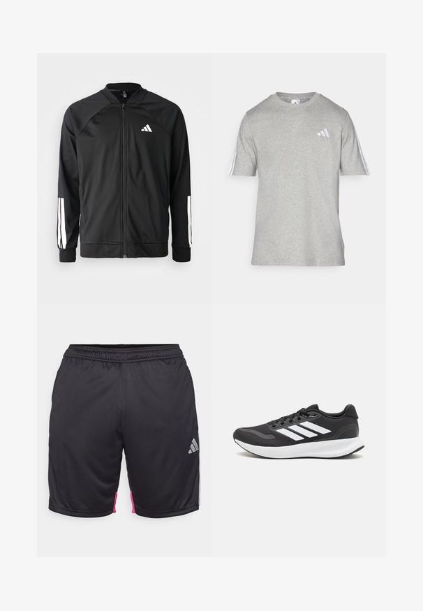 Černá sportovní bunda s předním zipem, raglánovými rukávy, bílým logem Adidas a bílými pruhy na rukávech. Hladká tkanina s elastickými manžetami.; Šedé tričko s krátkým rukávem vyrobené z bavlněné směsi s kulatým výstřihem. Obsahuje tři bílé pruhy na každém rameni a malé logo.; Černé sportovní kraťasy s elastickým pasem, růžové akcenty na bocích a stříbrné logo Adidas na dolním pravém přední části.; Černá sportovní obuv s prodyšným síťovaným svrškem, bílými akcenty a polstrovanou podrážkou. Na boku se nachází logo se třemi pruhy.