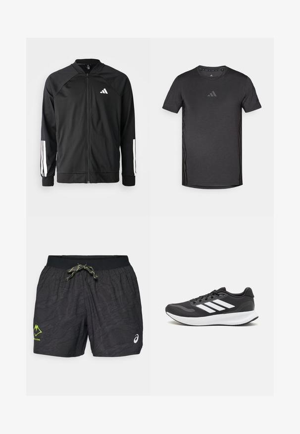 Chaqueta deportiva negra con cremallera frontal, mangas raglán, logo de Adidas en blanco y rayas blancas en las mangas. Tejido suave con puños elásticos.; Camiseta deportiva negra de manga corta, fabricada con tejido transpirable. Presenta un sutil logotipo en el pecho y acentos texturizados en los laterales.; ASICS FUJITRAIL ALL OVER PRINT SHORT MEN - Pantalón corto de deporte - performance black; Zapatilla deportiva negra con parte superior de malla transpirable, acentos en blanco y una suela acolchada. Presenta el logo de tres rayas en el costado.