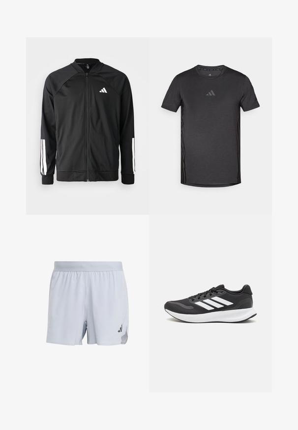 Black athletic jacket with a front zipper, raglan sleeves, white Adidas logo, and white stripes on sleeves. Smooth fabric with elastic cuffs.; Black athletic t-shirt with short sleeves, made of breathable fabric. Features a subtle logo on the chest and textured side accents.; Light gray athletic shorts made of breathable fabric, featuring a textured design, elastic waistband, and black logo accent on the side.; Black athletic shoe with breathable mesh upper, white accents, and a cushioned sole. Features three stripes logo on the side.
