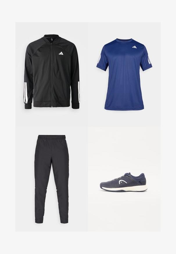 Mustar mustreeritud spordijakk, millel on ees lukuga taskud, raglanvarrukad, valge Adidas logo ja valged triibud varrukatel. Sile kangas elastsete mansettidega.; Tume sinine lühikeste varrukatega spordisärk, mis on valmistatud siledast kangast, ümmarguse kaelaauguga ja valge logoga vasakul ülemisel rinnaosal.; Mustad mustusharjased püksid elastse vöökohtadega, kitsenevate jalgadega ja valgete külgaktsentidega. Valmistatud sünteetilisest materjalist, millel on sile tekstuur.; Tumes sinise värvi spordijalats, millel on tekstureeritud disain ja valge logo. Omab pehmendatud tallat ja tumedat sinist aktsenti peal ja kandmisel.