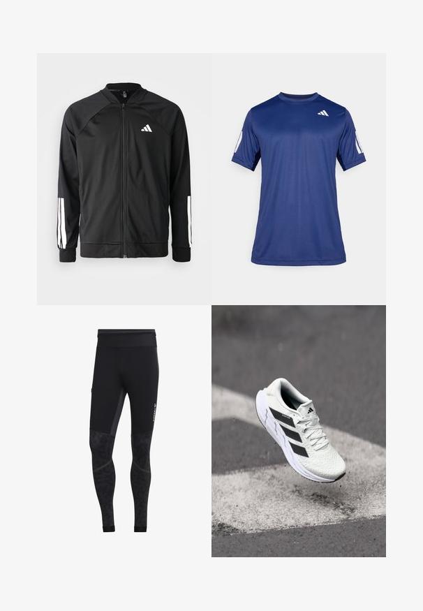Chaqueta deportiva negra con cremallera frontal, mangas raglán, logo de Adidas en blanco y rayas blancas en las mangas. Tejido suave con puños elásticos.; Camisa atlética de manga corta en azul marino, fabricada con un tejido suave, que presenta un cuello redondo y un detalle de logo blanco en la parte superior izquierda del pecho.; Leggings deportivos negros con una textura suave, que presentan un diseño en la parte inferior de la pierna, una cinturilla ancha y una marca reflectante en el costado.; Zapatilla deportiva blanca con parte superior de malla texturizada, rayas negras, cierre de cordones y suela acolchada, levitando sobre una superficie de carretera marcada.
