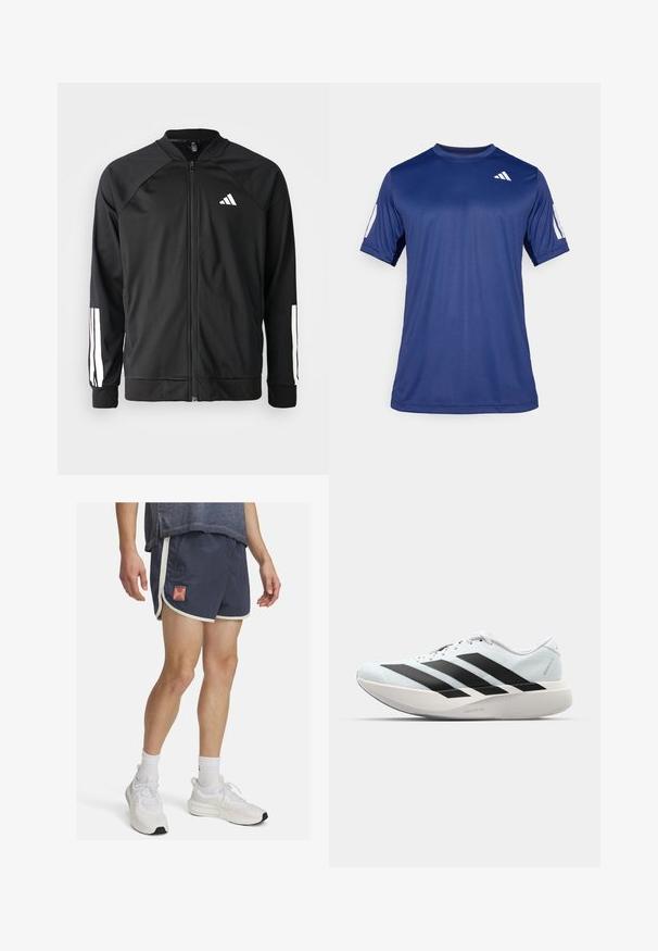 Chaqueta deportiva negra con cremallera frontal, mangas raglán, logo de Adidas en blanco y rayas blancas en las mangas. Tejido suave con puños elásticos.; Camisa atlética de manga corta en azul marino, fabricada con un tejido suave, que presenta un cuello redondo y un detalle de logo blanco en la parte superior izquierda del pecho.; Pantalones cortos deportivos de color navy con ribetes blancos y un logo de Under Armour. Tejido ligero con una superficie texturizada, diseñado para mayor comodidad durante la actividad física.; Zapatillas de running ligeras en azul pálido con rayas negras. Presentan una parte superior suave, puntera redonda y una gruesa mediasuela blanca etiquetada como "LIGHTSTRIKE PRO".