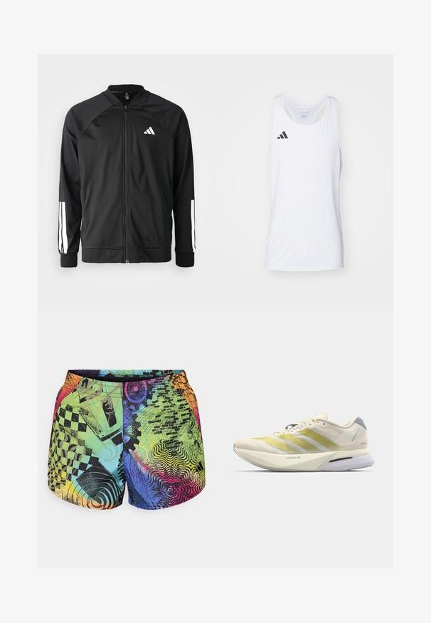 Casaco atlético preto com fecho na frente, mangas raglan, logotipo Adidas branco e riscas brancas nas mangas. Tecido suave com punhos elásticos.; Top desportivo branco sem mangas feito de tecido leve, com o logotipo preto da Adidas no lado esquerdo do peito e decote redondo.; Calças cortas coloridas com uma mistura de padrões como tabuleiro de xadrez, espirais e designs abstratos em tons de verde, azul, rosa e laranja.; Sapatilha de corrida com um cabedal leve em malha creme, apresentando riscas amarelas, uma entressola branca acolchoada e um detalhe em cinza no calcanhar.