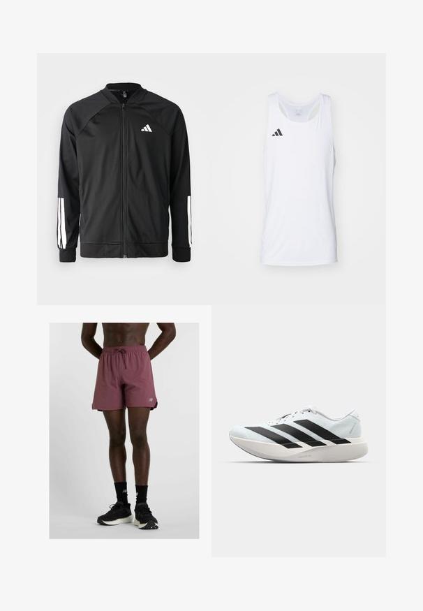 Musta urheilujakku, jossa on vetoketju edessä, raglan-hihat, valkoinen Adidas-logo ja valkoiset raidat hihoissa. Sujuva kangas ja joustavat hihansuut.; Valkoinen ilman hihoja oleva urheilullinen hihaton paita, joka on valmistettu kevyestä kankaasta. Paidassa on musta Adidas-logo vasemmassa rinnassa ja kaarrettu kaula-aukko.; Bordeaux uimapuvut, joissa on joustava vyötärö ja naru. Ominaisuuksina sivuaukot liikkuvuuden varmistamiseksi ja hienovarainen logo alahelmassa.; Kevyt juoksukengät vaaleansinisinä mustilla raidoilla. Ominaisuuksiin kuuluu sileä pinta, pyöreä kärki ja paksu valkoinen välipohja, joka on merkitty "LIGHTSTRIKE PRO".