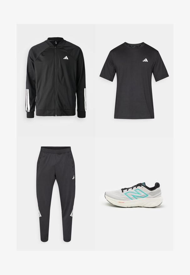 Veste de sport noire avec fermeture éclair à l'avant, manches raglan, logo Adidas blanc et bandes blanches sur les manches. Tissu lisse avec des poignets élastiques.; T-shirt noir à manches courtes en tissu au toucher lisse ; comporte un logo blanc sur la poitrine et un col rond.; Pantalon de sport noir à jambes fuselées, taille élastique, poches latérales, avec un logo blanc et des détails à rayures. Confectionné dans un matériau lisse et léger.; New Balance FRESH FOAM X 1080 V13 - Chaussures de running sur route - grey
